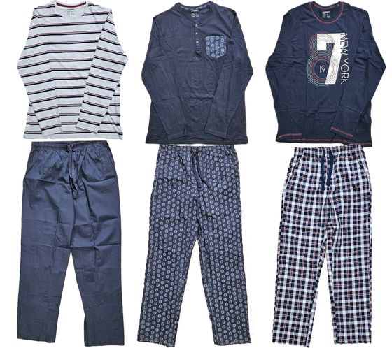 LIVERGY men's pajama set 2-piece pajamas with all-over leaf print, striped or checked cotton pajamas OEKO-TEX Standard 100 426871 blue, white