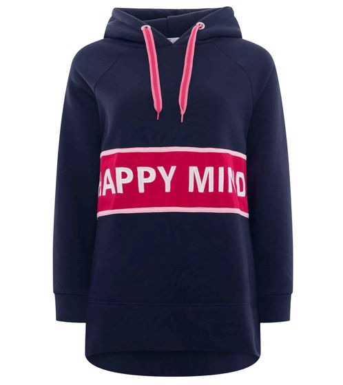 ZWILLINGSHERZ Beate Hoodie sudadera con capucha para mujer con texto integral HAPPY MIND jersey de algodón 31069-1008-2 azul oscuro