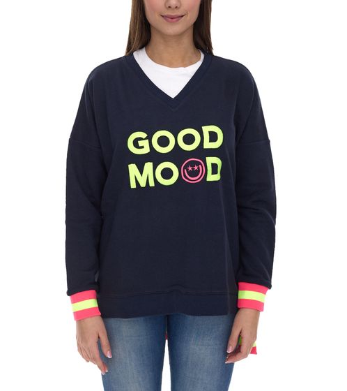 ZWILLINGSHERZ Sweater Dana Damen Pullover mit GOOD MOOD Schriftzug Baumwoll-Sweater 3138-2 Dunkelblau