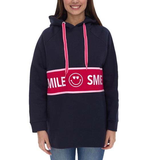 ZWILLINGSHERZ Alea Hoodie Damen Kapuzen-Pullover mit umlaufendem SMILE Schriftzug Baumwoll-Sweater 31069-1008-1 Dunkelblau