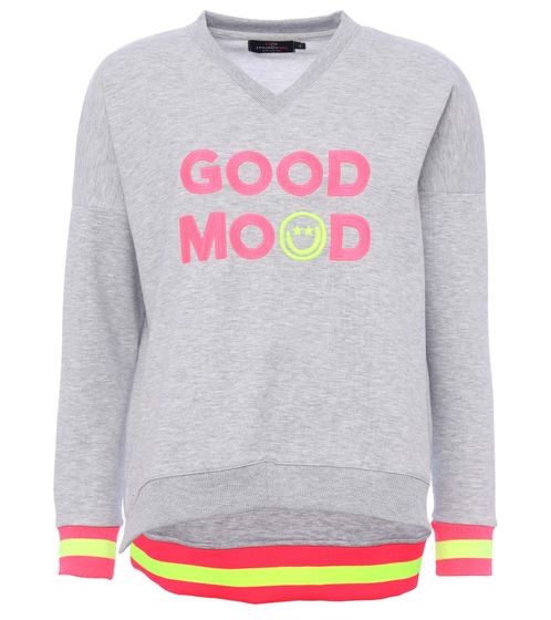 ZWILLINGSHERZ Sweater Dana Damen Pullover mit GOOD MOOD Schriftzug Baumwoll-Sweater 3138-4 Grau