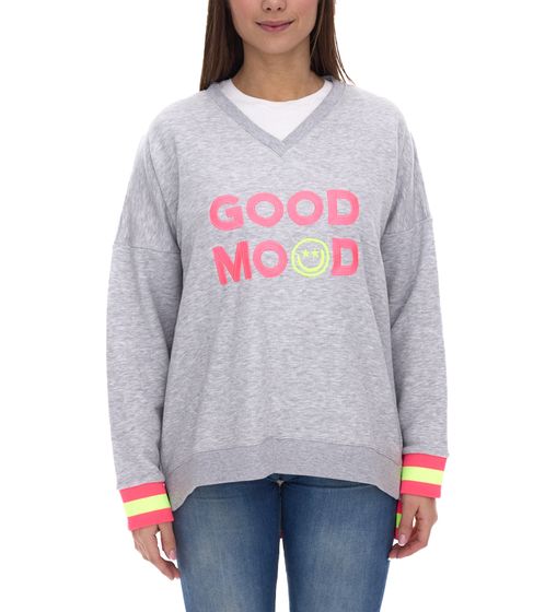 ZWILLINGSHERZ Sweater Dana Damen Pullover mit GOOD MOOD Schriftzug Baumwoll-Sweater 3138-4 Grau