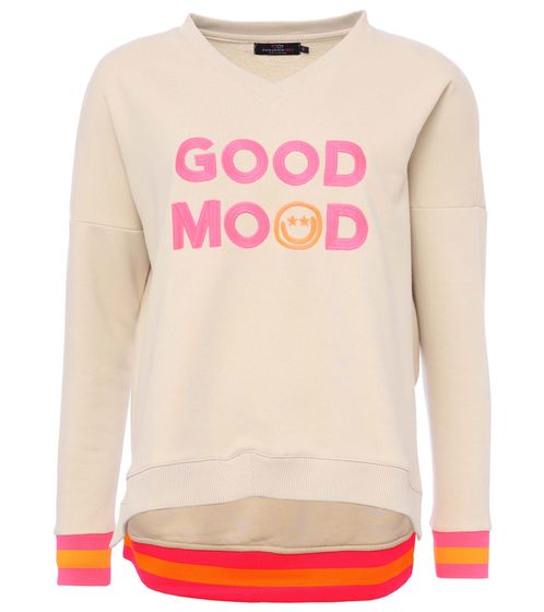 ZWILLINGSHERZ Sweater Dana Damen Pullover mit GOOD MOOD Schriftzug Baumwoll-Sweater 3138-3 Beige