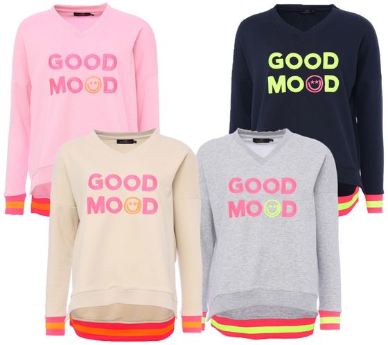 ZWILLINGSHERZ Suéter Dana suéter de mujer con letras GOOD MOOD suéter de algodón 3138 rosa, azul oscuro, beige o gris