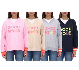 ZWILLINGSHERZ Sweater Dana Damen Pullover mit GOOD MOOD Schriftzug Baumwoll-Sweater 3138 Pink, Dunkelblau, Beige oder Grau