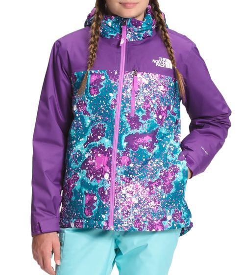 THE NORTH FACE Snowquest Plus Chaqueta de invierno impermeable para niña con capucha desmontable Chaqueta para la nieve con estampado integral moteado NF0A5G972G1 Púrpura/Turquesa/Blanco