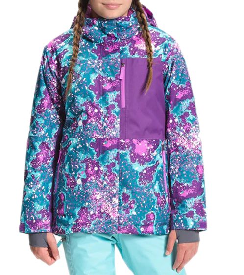 THE NORTH FACE Freedom Extreme Chaqueta de invierno para niña con capucha extraíble Chaqueta para la nieve con revestimiento DWR con estampado integral moteado NF0A5G952G1 Púrpura/Turquesa/Blanco