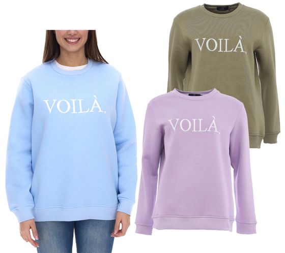 ZWILLINGSHERZ Sweater Voilá Damen Rundhals-Pullover mit VOILÀ Schriftzug Baumwoll-Sweater 3110-1204 Hellblau, Flieder oder Khaki