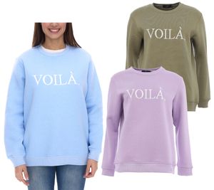 ZWILLINGSHERZ Sweater Voila Damen Rundhals-Pullover mit VOILÀ Schriftzug Baumwoll-Sweater 3110-1204 Hellblau, Flieder oder Khaki