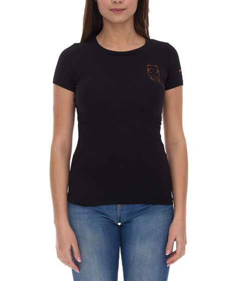 JAGUAR Damen Basic-Shirt Kurzarm-Shirt Baumwoll-Shirt mit Rückenprint Rundhals-Shirt T-Shirt Schwarz