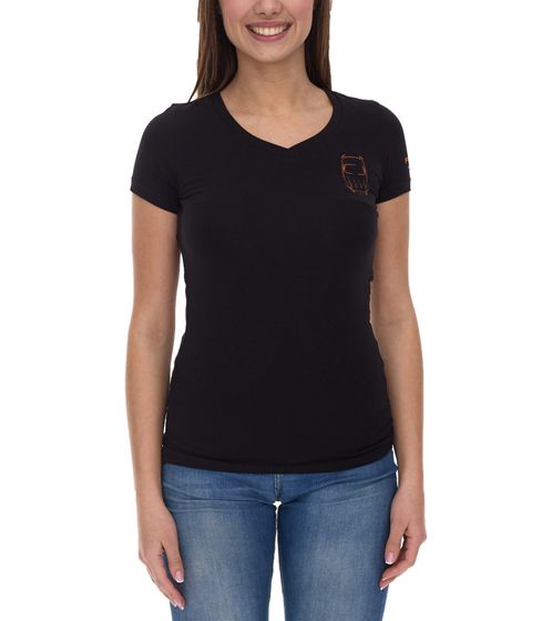 JAGUAR Damen Kurzarm-Shirt Baumwoll-Shirt mit Rückenprint und V-Ausschnitt T-Shirt Schwarz