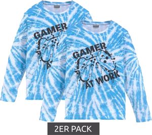 2er Sparpack KIDSWORLD Kinder Langarm-Shirt für Jungen Gamer At Work Schriftzug im Batik Design Baumwoll-Shirt 75278861 Blau/Weiß