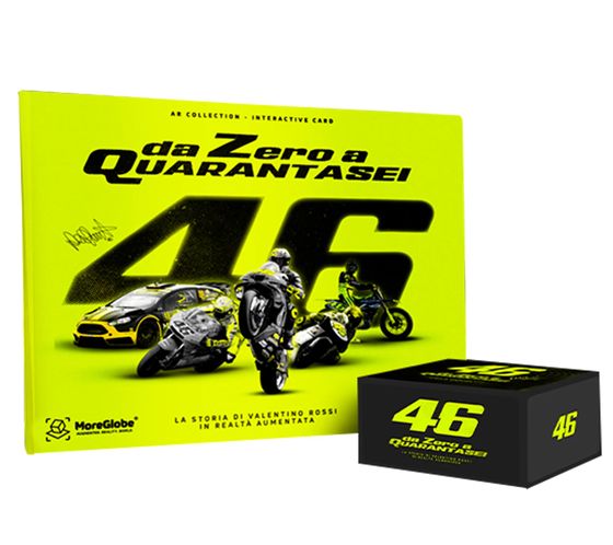 VR46 fan book From zero to 46 sticker album about the history of Valentino Rossi, the MotorGP icon, interactive experiences, Italian edition, rally sport history, yellow/black