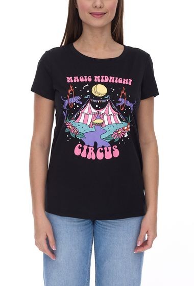 T-shirt donna AjC per il tempo libero con stampa frontale Camicia in cotone Magic Midnight Circus 72729855 nero/viola/rosa