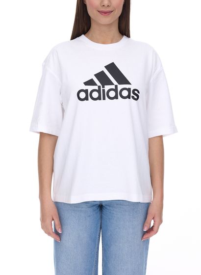 adidas Future Icons Badge of Sport Damen Sport-Shirt in lockerer Passform Baumwoll-T-Shirt mit großem Marken-Print HC6358 Weiß