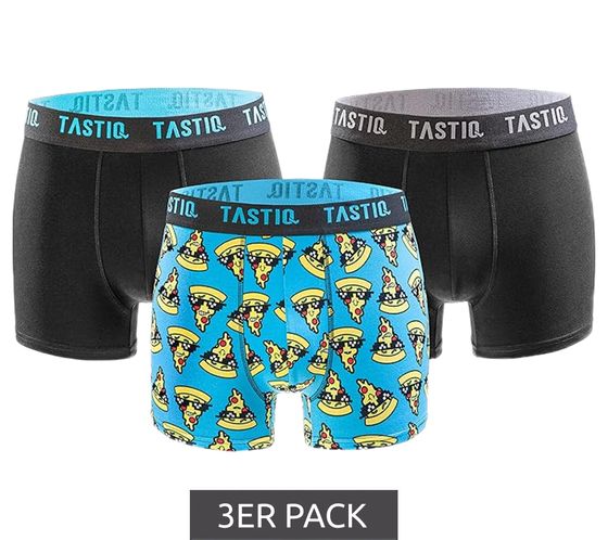 3er Pack TASTIQ Herren Boxershorts mit Pizza-Print Baumwoll-Unterhose im stylischer Pizza-Geschenkbox Unterwäsche Tas/1/BCX3/PIZ Schwarz/Blau/Gelb