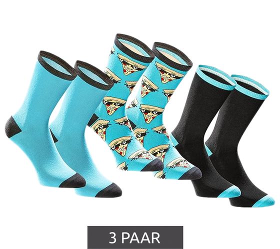 3 Paar TASTIQ Baumwoll-Socken mit Pizza-Print lange Strümpfe in stylischer Pizza-Geschenkbox fresh Socks Tas/1/CSX3/PIZ Blau/Schwarz/ Gelb