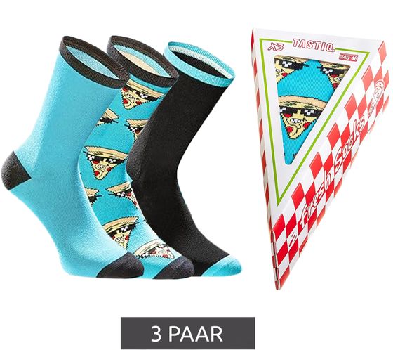 3 pairs of TASTIQ cotton socks with pizza print, long socks in a stylish pizza gift box, fresh Socks Tas/1/CSX3/PIZ blue/black/yellow