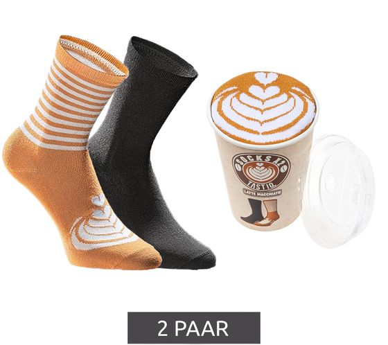 2 pairs of TASTIQ cotton socks with latte macchiato print, long socks in a stylish coffee mug gift box TAS/1/CSX2/LAT brown/black