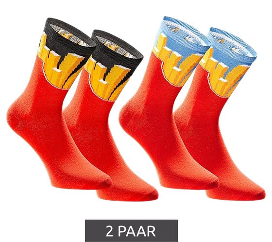 2 paires de chaussettes en coton TASTIQ avec bas longs imprimés frites dans une boîte cadeau élégante avec sac à frites TAS/1/CSX2/FRI Rouge/Jaune/Noir/Bleu clair