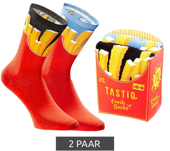 2 Paar TASTIQ Baumwoll-Socken mit Pommes-Print lange Strümpfe in stylischer Pommestüten-Geschenkbox TAS/1/CSX2/FRI Rot/Gelb/Schwarz/Hellblau