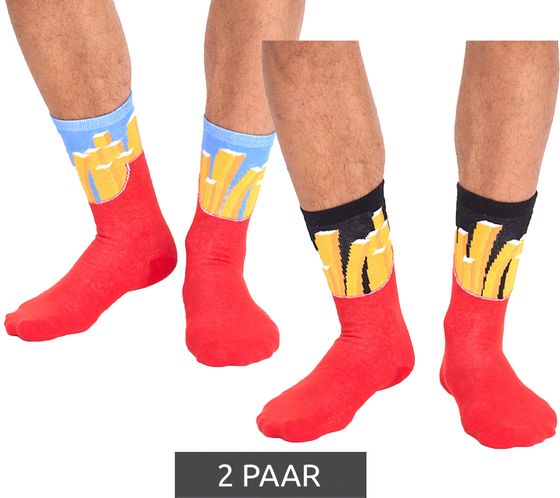 2 paires de chaussettes en coton TASTIQ avec bas longs imprimés frites dans une boîte cadeau élégante avec sac à frites TAS/1/CSX2/FRI Rouge/Jaune/Noir/Bleu clair