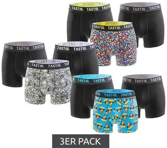 3er Pack TASTIQ Herren Boxershorts mit Pizza- / US-Dollar- oder Müsli-Print Baumwoll-Unterhose in Geschenkbox Unterwäsche Tas/1/BCX3 Schwarz/Blau/Grün/Gelb