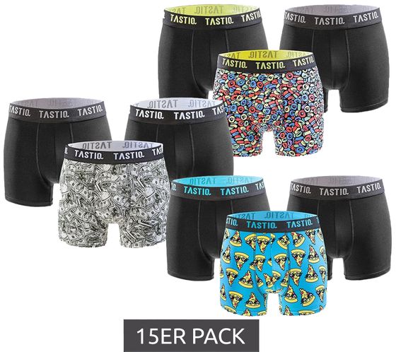 15er Sparpack TASTIQ Herren Boxershorts mit Pizza- / US-Dollar- oder Müsli-Print Baumwoll-Unterhose in Geschenkbox Unterwäsche Tas/1/BCX3 Schwarz/Blau/Grün/Gelb