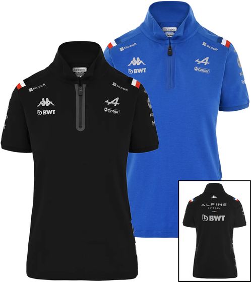 Kappa X ALPINE Formel 1 Team Ocon Gasly Damen Polo-Hemd mit HydroWayProtection Baumwoll Kurzarm-Shirt 35163WW AF1 in Blau oder Schwarz