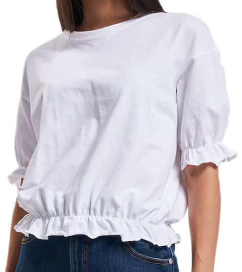 Denim Project women's cotton shirt crop shirt with ruffles short-sleeved shirt DPW10023-015 W076 white