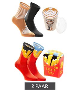 2 pairs of TASTIQ cotton socks with print, long socks in a gift box TAS/1/CSX2 with french fries print or with latte macchiato print