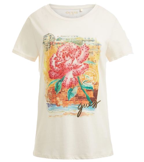 Camiseta de mujer GUESS camisa de algodón con estampado floral de la Costa Amalfitana W3YI50K9RM1 G012 blanco lana