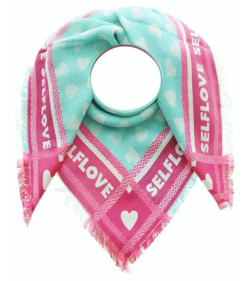 ZWILLINGSHERZ Bufanda cuadrada de algodón con borde de neón Selflove Hearts con escritura y estampado 3012A-1309-5 Turquesa/Rosa