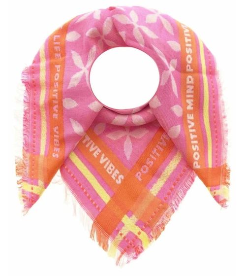 ZWILLINGSHERZ Neon Kante Positive Vibes Blüte Vierecks-Tuch mit Schrift und Muster Baumwoll Mode-Tuch 3012A-1309-3 Pink/Orange