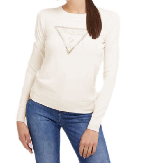 GUESS women's sweatshirt round neck sweater with rhinestones and pearls slim fit sweat sweater W3YR46Z2NQ2 G012 cream white