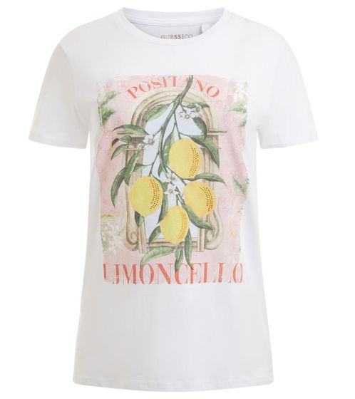 GUESS Damen T-Shirt Baumwoll-Shirt mit künstlerischer Limoncello Druck Kurzarm-Shirt W3YI54K9RM1 G011 Weiß