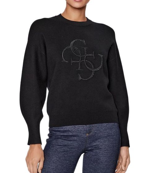 GUESS Leonor women's knitted sweater, round neck sweater with rhinestones, winter sweater W3BR27Z26I0 JBLK black