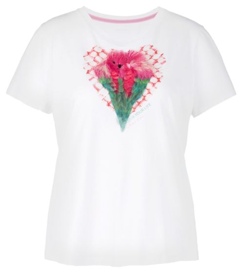 MARC CAIN t-shirt femme chemise en coton à imprimé coeur artistique chemise à manches courtes UC48.78J52 251 blanc/rose/vert