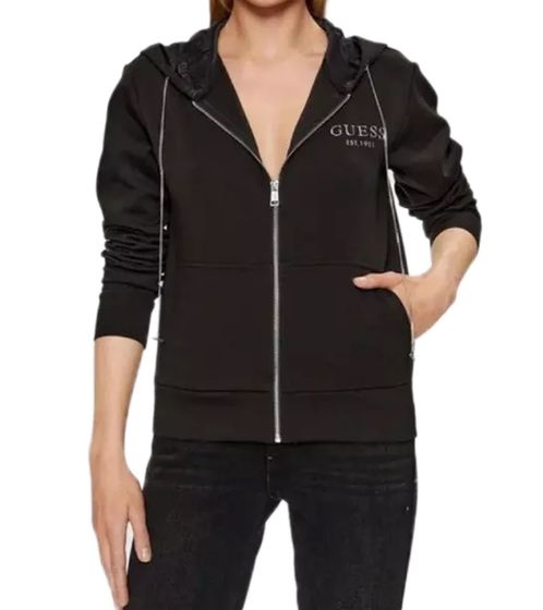 GUESS Damen Sweat-Jacke mit Baumwollanteil Kapuzen-Jacke mit Ketten-Details W3YQ15KB932 JBLK Schwarz