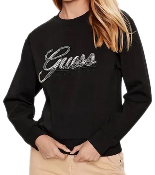 GUESS Damen Winter-Pullover mit Strasssteinen Rundhals-Shirt mit Baumwollanteil Langarm-Shirt W3YQ03KB932 JBLK Schwarz