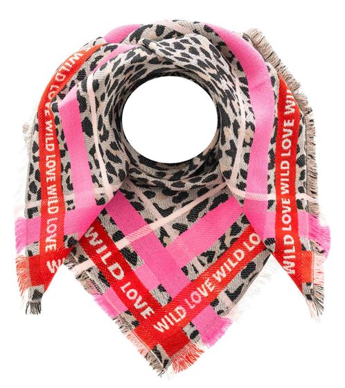 ZWILLINGSHERZ Leo Wild Love square scarf with writing and pattern fashion scarf 3014A-1003-29-15 red/pink/beige/black