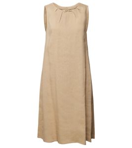 MARC CAIN Damen Etuikleid ärmelloses Midi-Kleid mit Brand-Applikation an Ausschnitt Leinen-Kleid UC21.69W47 616 Hell-Braun