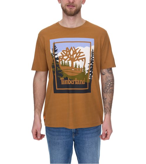 Camicia per il tempo libero da uomo Timberland Outdoor Graphic, camicia estiva elegante con stampa logo frontale TB0A6F4K P47 Arancione