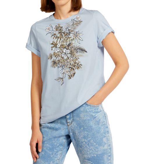 MARC CAIN Damen T-Shirt Baumwoll-Shirt mit Blumen und Blätter Druck Kurzarm-Shirt UC48.11J58 305 Blau/Grün/Beige