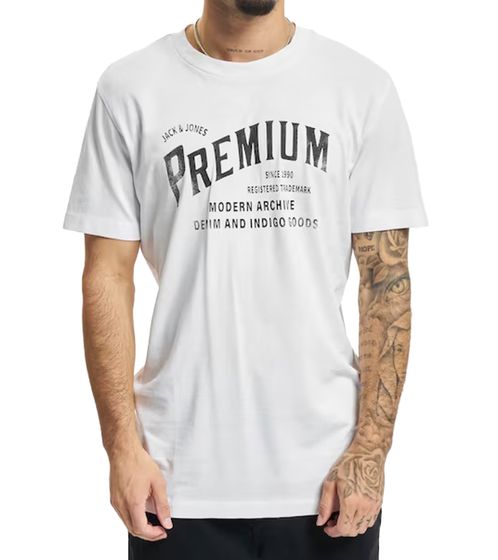 JACK & JONES Miller Cyclo Herren T-Shirt modisches Kurzarm-Shirt Baumwoll-Shirt mit Logo-Print 12219078 Weiß