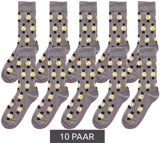 10 Paar ZWILLINGSHERZ Onesize Freizeit-Socken im Armbanduhren-Design Strümpfe 4603S KL3924 UHR Grau/Schwarz/Gelb