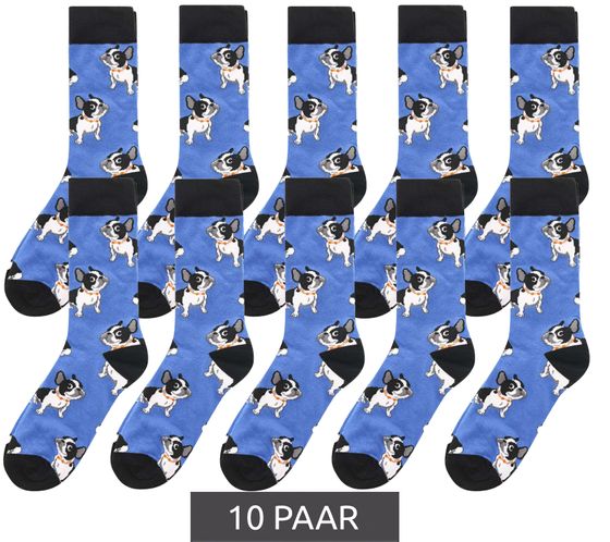 10 Paar ZWILLINGSHERZ Onesize Freizeit-Socken mit French Bulldoggen Strümpfe 4603S KL3924 Blau/Schwarz/Weiß