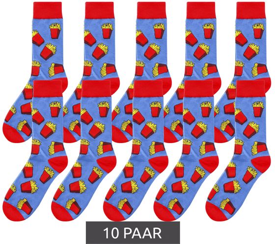 10 Paar ZWILLINGSHERZ Onesize Freizeit-Socken mit Pommes Tüten Strümpfe  4603S KL3924 Blau/Rot/Gelb