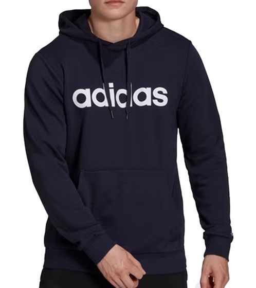 adidas Essentials French Terry Linear Logo Hoodie Jersey de hombre sostenible con bolsillo canguro GK9066 azul