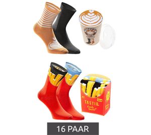 16 Paar TASTIQ Baumwoll-Socken mit Print lange Strümpfe in Geschenkbox TAS/1/CSX2 mit Pommesdruck oder mit Latte Macchiato Print